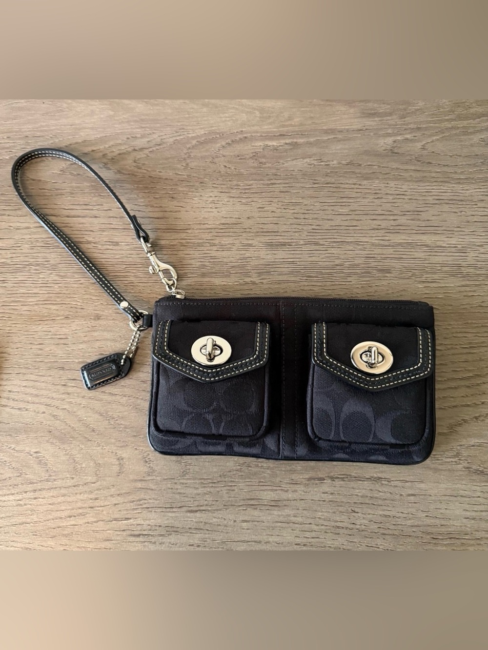 Coach Legacy Signature Double Pocket Turnlock Wristlet Black